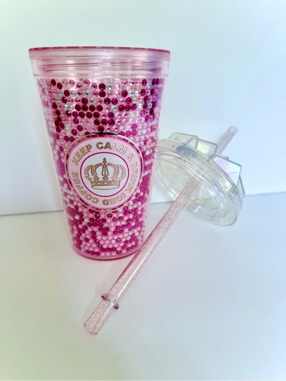 Pink Rhinestone Embellished Tumbler - Keep Calm Crown Logo